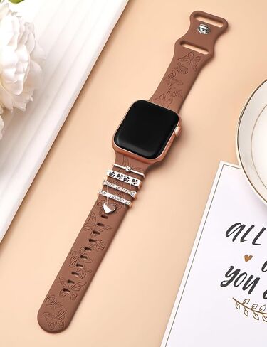 Watbro Floral Engraved Band and Decorative Rings Loops Compatible with Apple Watch Bands 40mm for Women 38mm 41mm, Soft Silicone Sport Band With Decorative Apple Watch Charms for iWatch Series 9 8 7 6 5 4 3 2 1 SE in Saudi Arabia