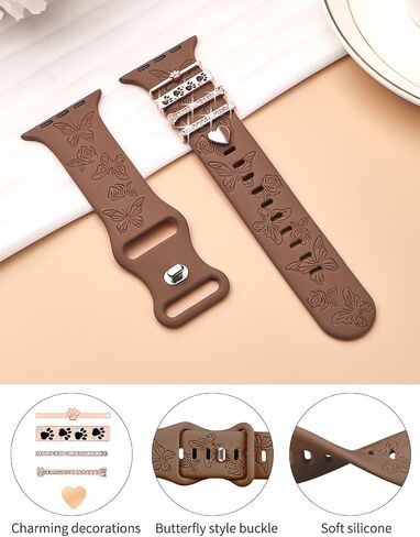 Watbro Floral Engraved Band and Decorative Rings Loops Compatible with Apple Watch Bands 40mm for Women 38mm 41mm, Soft Silicone Sport Band With Decorative Apple Watch Charms for iWatch Series 9 8 7 6 5 4 3 2 1 SE in Saudi Arabia