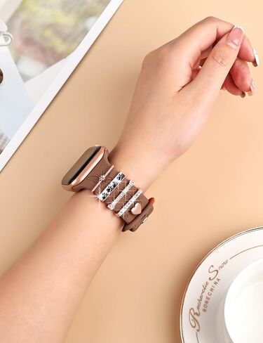 Watbro Floral Engraved Band and Decorative Rings Loops Compatible with Apple Watch Bands 40mm for Women 38mm 41mm, Soft Silicone Sport Band With Decorative Apple Watch Charms for iWatch Series 9 8 7 6 5 4 3 2 1 SE in Saudi Arabia