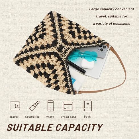 حقائب هوبو من القش للنساء من فيسيالي كل شيء، حقيبة كتف منسوجة، حقيبة يد صيفية للشاطئ in Kuwait