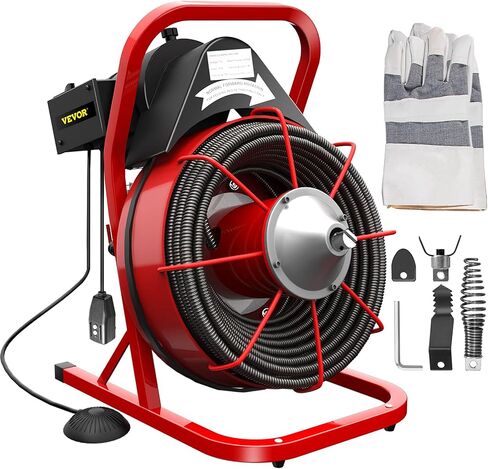 VEVOR 75FT x 1/2 Inch Drain Cleaning Machine 370W Sewer Snake Auger Cleaner Electric Clog Remover Plumbing Tool with 4 Cutters & Air-Activated Foot Switch for 1" to 4" Pipes, Red, Black in Saudi Arabia