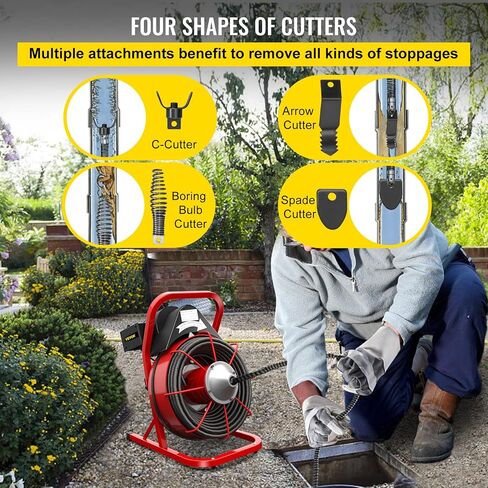 VEVOR 75FT x 1/2 Inch Drain Cleaning Machine 370W Sewer Snake Auger Cleaner Electric Clog Remover Plumbing Tool with 4 Cutters & Air-Activated Foot Switch for 1" to 4" Pipes, Red, Black in Saudi Arabia