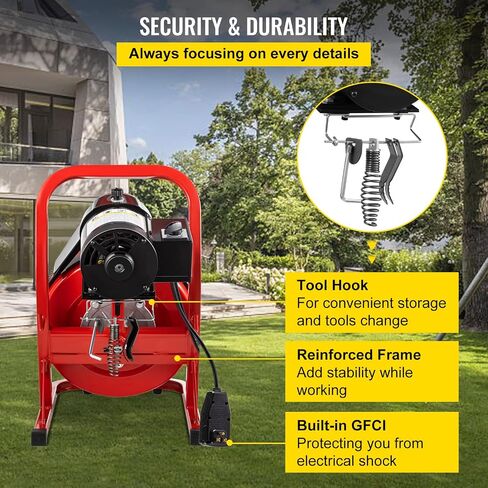 VEVOR 75FT x 1/2 Inch Drain Cleaning Machine 370W Sewer Snake Auger Cleaner Electric Clog Remover Plumbing Tool with 4 Cutters & Air-Activated Foot Switch for 1" to 4" Pipes, Red, Black in Saudi Arabia