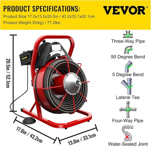VEVOR 75FT x 1/2 Inch Drain Cleaning Machine 370W Sewer Snake Auger Cleaner Electric Clog Remover Plumbing Tool with 4 Cutters & Air-Activated Foot Switch for 1" to 4" Pipes, Red, Black in Saudi Arabia