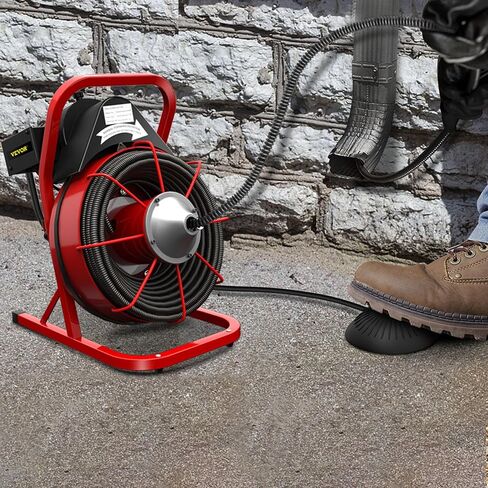 VEVOR 75FT x 1/2 Inch Drain Cleaning Machine 370W Sewer Snake Auger Cleaner Electric Clog Remover Plumbing Tool with 4 Cutters & Air-Activated Foot Switch for 1" to 4" Pipes, Red, Black in Saudi Arabia