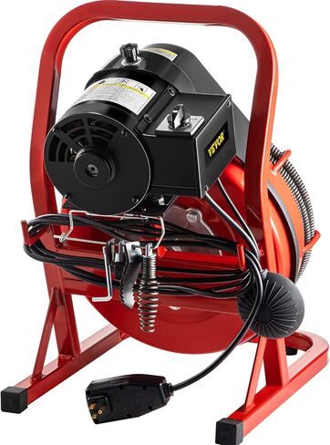 VEVOR 75FT x 1/2 Inch Drain Cleaning Machine 370W Sewer Snake Auger Cleaner Electric Clog Remover Plumbing Tool with 4 Cutters & Air-Activated Foot Switch for 1" to 4" Pipes, Red, Black in Saudi Arabia