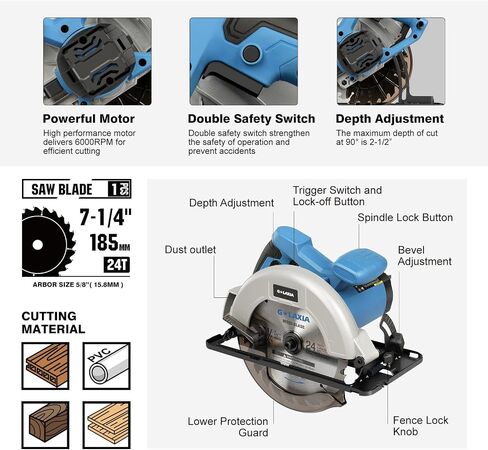 G LAXIA Circular Saw, 11A 7-1/4"Power Circular Saw with Rip Guide, 6000RPM Hand-Held Circular Saw, 0-45° Bevel Adjustment, Corded Electric Saw for Wood in Saudi Arabia