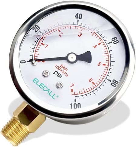 مقياس ضغط مملوء بالجلسرين من ELECALL 2-1/2 بوصة، 0-100 رطل لكل بوصة مربعة، حامل سفلي 1/4 بوصة NPT، علبة من الفولاذ المقاوم للصدأ، أجزاء داخلية من النحاس، مقياس ضغط المياه in Kuwait