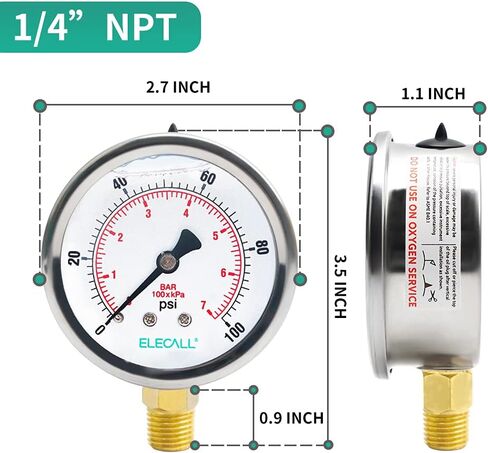 مقياس ضغط مملوء بالجلسرين من ELECALL 2-1/2 بوصة، 0-100 رطل لكل بوصة مربعة، حامل سفلي 1/4 بوصة NPT، علبة من الفولاذ المقاوم للصدأ، أجزاء داخلية من النحاس، مقياس ضغط المياه in Kuwait