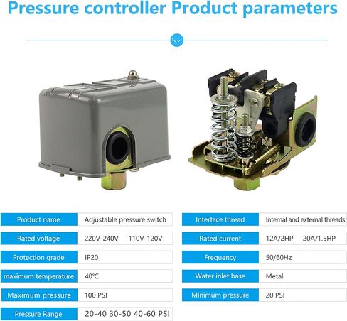 مفتاح الضغط لمضخة الآبار، مفتاح ضغط المياه Hyhpsjiee 40-60Psi تفاضلي قابل للتعديل، مفتاح التحكم في ضغط مضخة المياه NPT أنثى 1/4 بوصة. in Kuwait
