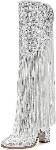 olomisa Fringe Boots for Women, Rhinestone Knee High Boots Square Toe Side Zipper Chunky Block Heel Sparkly Boots in Kuwait