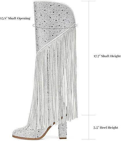 olomisa Fringe Boots for Women, Rhinestone Knee High Boots Square Toe Side Zipper Chunky Block Heel Sparkly Boots in Kuwait