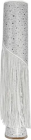 olomisa Fringe Boots for Women, Rhinestone Knee High Boots Square Toe Side Zipper Chunky Block Heel Sparkly Boots in Kuwait