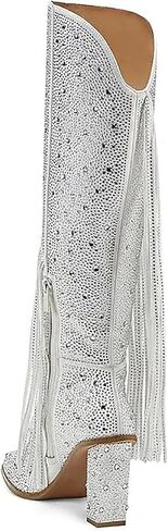 olomisa Fringe Boots for Women, Rhinestone Knee High Boots Square Toe Side Zipper Chunky Block Heel Sparkly Boots in Kuwait