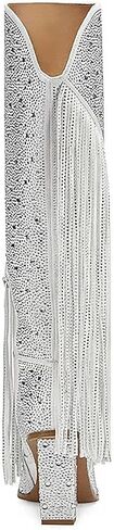 olomisa Fringe Boots for Women, Rhinestone Knee High Boots Square Toe Side Zipper Chunky Block Heel Sparkly Boots in Kuwait