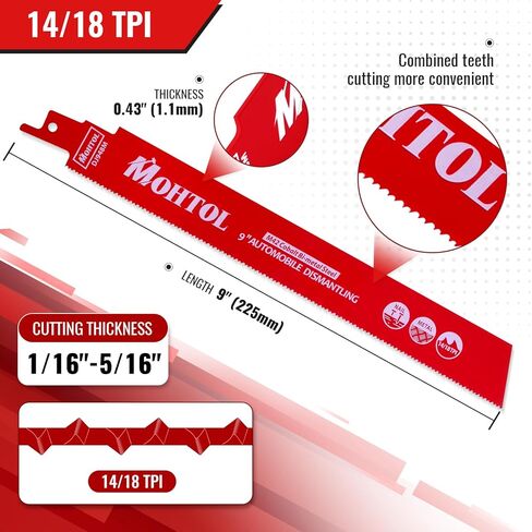 50 حزمة 9 بوصة 14/18 TPI شفرة المنشار الترددية للتفكيك التلقائي، 1/16-5/16 قطع معدنية متوسطة، أسنان M42 مع كوبالت ثنائية المعدن، شفرة منشار ترددية من سبائك الصلب من الكربيد لهدم الفولاذ in Kuwait