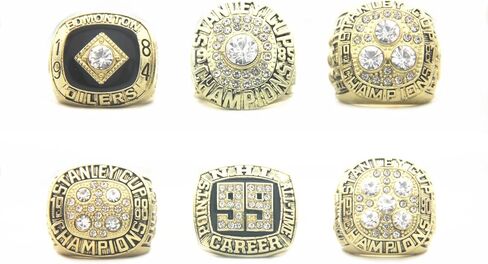 مجموعة حلقات طبق الأصل من Valman Oilers 1984 1985 1987 1988 Gretzky 1990 Messier Edmonton Champions وخاتم زعيم النقاط التذكارية لعام 1989 Wayne مع صندوق خشبي in Kuwait