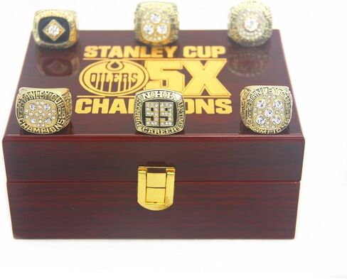 مجموعة حلقات طبق الأصل من Valman Oilers 1984 1985 1987 1988 Gretzky 1990 Messier Edmonton Champions وخاتم زعيم النقاط التذكارية لعام 1989 Wayne مع صندوق خشبي in Kuwait