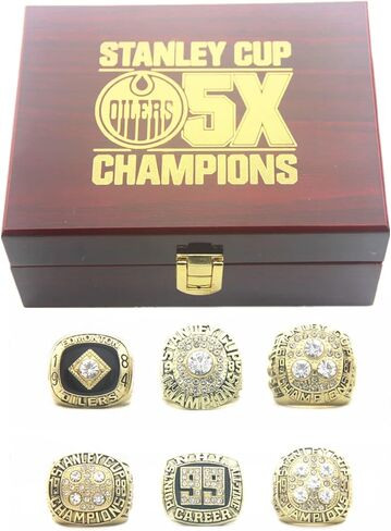 مجموعة حلقات طبق الأصل من Valman Oilers 1984 1985 1987 1988 Gretzky 1990 Messier Edmonton Champions وخاتم زعيم النقاط التذكارية لعام 1989 Wayne مع صندوق خشبي in Kuwait
