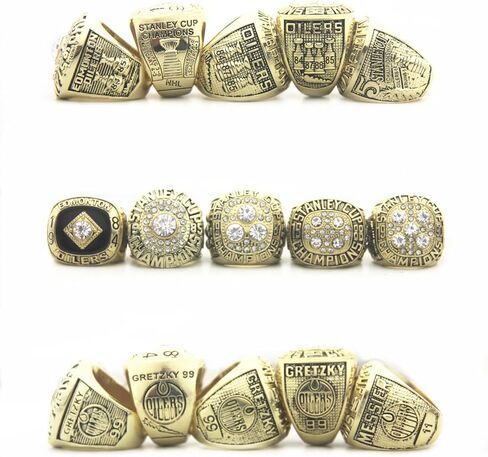 مجموعة حلقات طبق الأصل من Valman Oilers 1984 1985 1987 1988 Gretzky 1990 Messier Edmonton Champions وخاتم زعيم النقاط التذكارية لعام 1989 Wayne مع صندوق خشبي in Kuwait