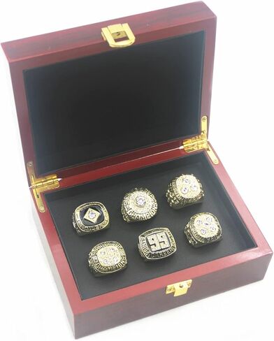 مجموعة حلقات طبق الأصل من Valman Oilers 1984 1985 1987 1988 Gretzky 1990 Messier Edmonton Champions وخاتم زعيم النقاط التذكارية لعام 1989 Wayne مع صندوق خشبي in Kuwait