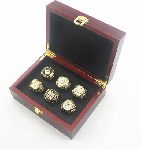 مجموعة حلقات طبق الأصل من Valman Oilers 1984 1985 1987 1988 Gretzky 1990 Messier Edmonton Champions وخاتم زعيم النقاط التذكارية لعام 1989 Wayne مع صندوق خشبي in Kuwait