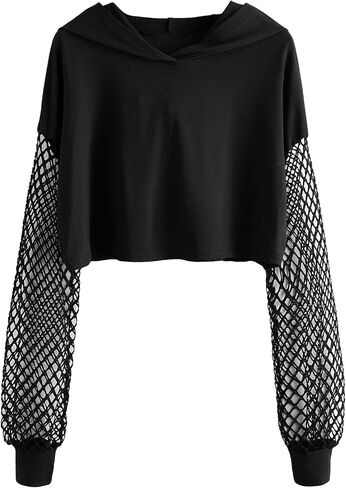 Verdusa Women's Fishnet Crop Hoodie Drop Shoulder Long Sleeve Sweatshirt Pullover in Saudi Arabia