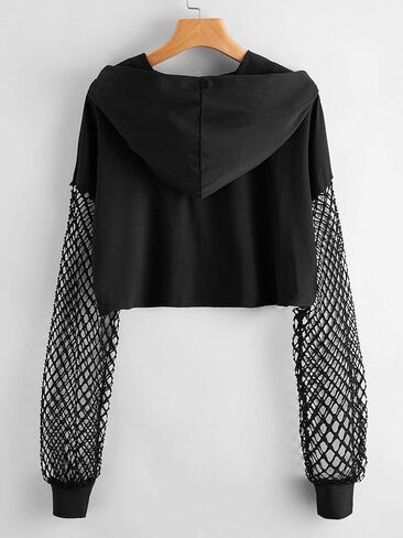 Verdusa Women's Fishnet Crop Hoodie Drop Shoulder Long Sleeve Sweatshirt Pullover in Saudi Arabia