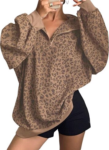 SweatyRocks Women's Leopard Print Oversized Sweatshirt Quarter Zip Collar Long Sleeve Pullover Tops in Saudi Arabia