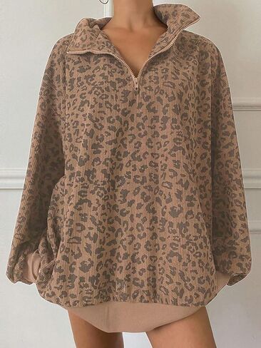 SweatyRocks Women's Leopard Print Oversized Sweatshirt Quarter Zip Collar Long Sleeve Pullover Tops in Saudi Arabia