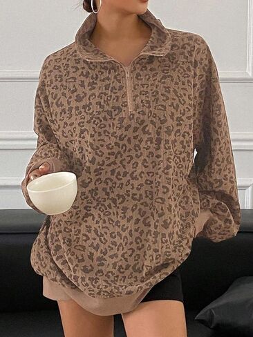 SweatyRocks Women's Leopard Print Oversized Sweatshirt Quarter Zip Collar Long Sleeve Pullover Tops in Saudi Arabia