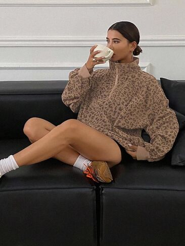 SweatyRocks Women's Leopard Print Oversized Sweatshirt Quarter Zip Collar Long Sleeve Pullover Tops in Saudi Arabia