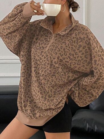 SweatyRocks Women's Leopard Print Oversized Sweatshirt Quarter Zip Collar Long Sleeve Pullover Tops in Saudi Arabia