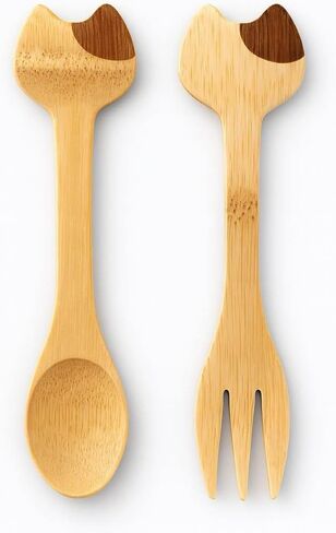 4582، مجموعة من 2 ملعقة وشوكة من الخيزران على شكل قطة كيتي للأطفال | مقبلات، فاكهة، حلوى، آيس كريم، زبادي، بهارات، ملح، سكر، ملعقة وشوكة in Kuwait