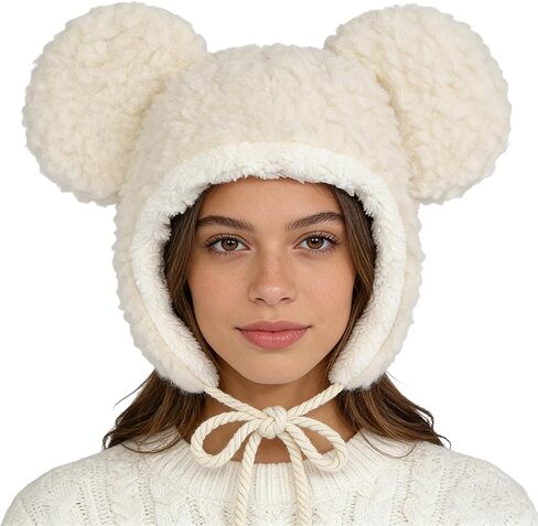 Fuzzy Bear Beanie Hat Faux Fur Trapper Cap Windproof Thermal Ushanka Plush Trooper Hat Winter Warm Sherpa Peruvian Cap Women in Kuwait