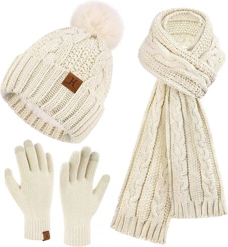 إمرأة قبعات شتوية وشاح مجموعة قفازات تعمل باللمس الشنيل متماسكة صوف مبطن بيني Pompom قبعة الأوشحة in Kuwait