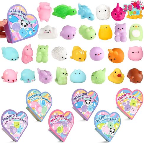 JOYIN 28 Packs Valentine Stress Relief Dinosaur Mochi Toys with 4-Design Boxes Party Favors Set for Kids Valentine Classroom Exchange, Holiday Party, Game Prizes and Gift Basket Stuffers in Kuwait