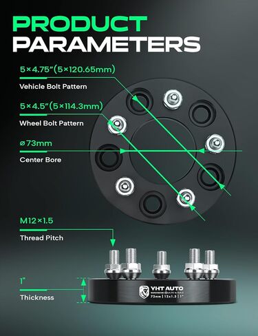 YHTAUTO 5x4.75 to 5x4.5 Wheel Adapters 1 inch Compatible with Buick, Cadillac, Chevrolet, GMC, Pontiac Tire Spacers w/ M12x1.5 & 12.9 Grade Studs, 73 mm Center Bore 5 Lug 2PCS Black Wheel Spacers in Saudi Arabia