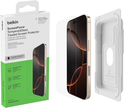 واقي شاشة معالج Belkin ScreenForce InvisiGlass لهاتف iPhone 16 Pro Max، حماية من الصدمات مقاومة للخدش مع صينية سهلة المحاذاة لتطبيق خالٍ من الفقاعات - مصنوع من زجاج معاد تدويره in Saudi Arabia