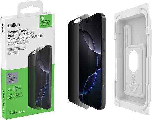 واقي شاشة معالج Belkin ScreenForce InvisiGlass لهاتف iPhone 16 Pro Max، حماية من الصدمات مقاومة للخدش مع صينية سهلة المحاذاة لتطبيق خالٍ من الفقاعات - مصنوع من زجاج معاد تدويره in Saudi Arabia