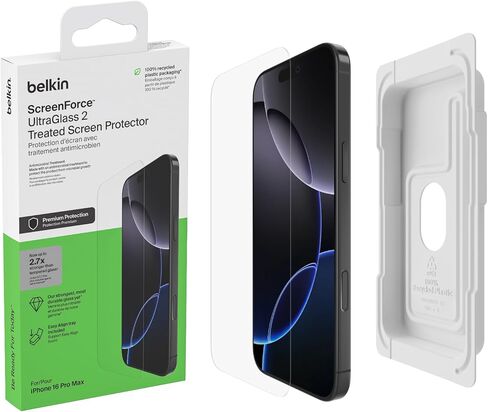 واقي شاشة معالج Belkin ScreenForce InvisiGlass لهاتف iPhone 16 Pro Max، حماية من الصدمات مقاومة للخدش مع صينية سهلة المحاذاة لتطبيق خالٍ من الفقاعات - مصنوع من زجاج معاد تدويره in Saudi Arabia