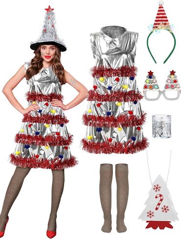 Berlune 7 Pcs Christmas Tree Costume Set for Women Christmas Outfit Dress Hat Headband Bag Glasses Frame Socks Sequins (Small) in Saudi Arabia