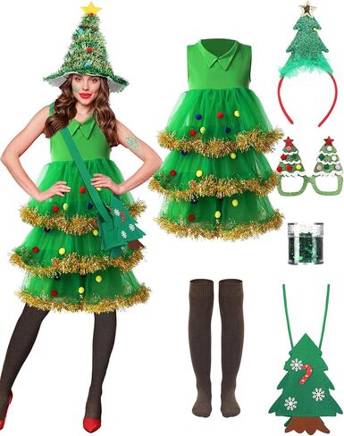 Berlune 7 Pcs Christmas Tree Costume Set for Women Christmas Outfit Dress Hat Headband Bag Glasses Frame Socks Sequins (Small) in Saudi Arabia