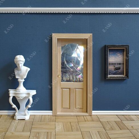 iLAND Dollhouse Door on 1 12 Scale, Unfinished Paintable Wooden Door w/ 3D Windowpane Reflecting Rainbow Light & Golden Metal Handles, Miniature Building Supplies Dollhouse Furniture & Decor in Kuwait