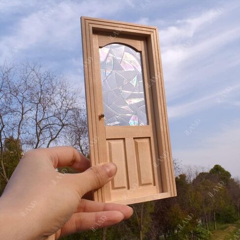 iLAND Dollhouse Door on 1 12 Scale, Unfinished Paintable Wooden Door w/ 3D Windowpane Reflecting Rainbow Light & Golden Metal Handles, Miniature Building Supplies Dollhouse Furniture & Decor in Kuwait