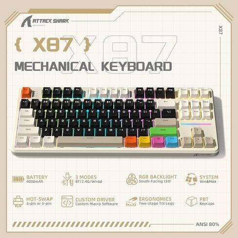 ATTACK SHARK X87 Wireless Mechanical Gaming Keyboard, Tri-Mode BT5.0/2.4GHz/USB-C Gasket Hot Swappable Custom Keyboard, Pre-lubed Strawberry Switches, 75% TKL RGB Backlit Keyboard-Cheese White in Kuwait