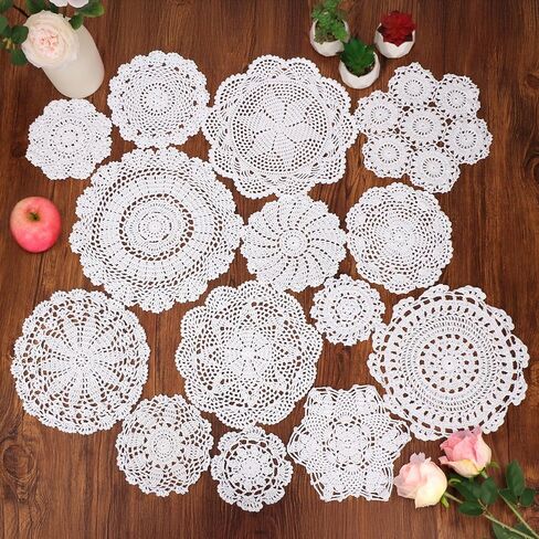 kilofly 14 pcs Cotton Crochet Doilies 4"-11.5" Handmade White Beige Placemats in Kuwait
