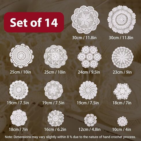 kilofly 14 pcs Cotton Crochet Doilies 4"-11.5" Handmade White Beige Placemats in Kuwait