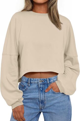 Trendy Queen Womens Crewneck Sweatshirts Oversized Crop Tops Long Sleeve Shirts Gym Clothes Fall Winter Fashion Outfits 2024 in Kuwait