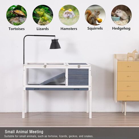 حاوية سلحفاة خشبية من بيراسيل مع حامل إضاءة قابل للتعديل، قفص للزواحف من طبقتين مع منطقة تغذية لمنطقة السباحة، بيت السلاحف للحيوانات الصغيرة والسحالي والهامستر (رمادي) in Kuwait